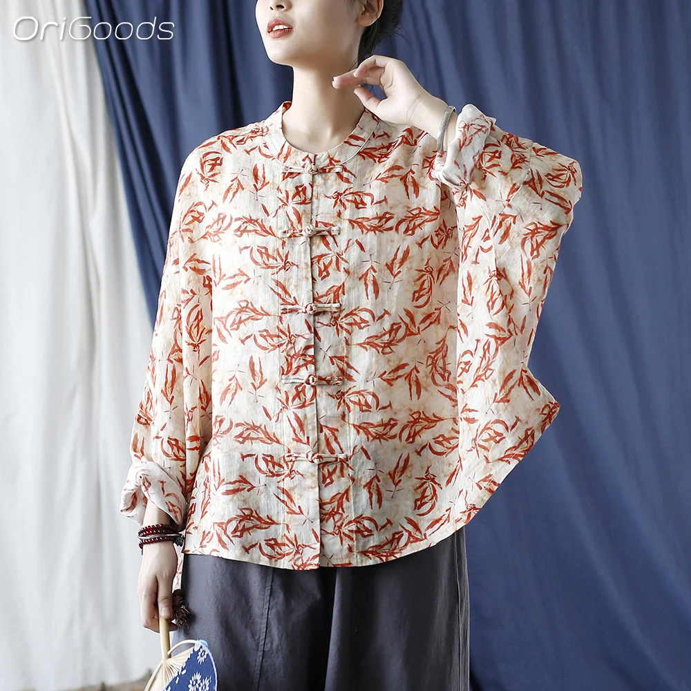 OriGoods Oversized Batwing Sleeve Shirt Women Ramie National Print Shirt Summer 2024 New Chinese Style Blouse Thin Tops X046