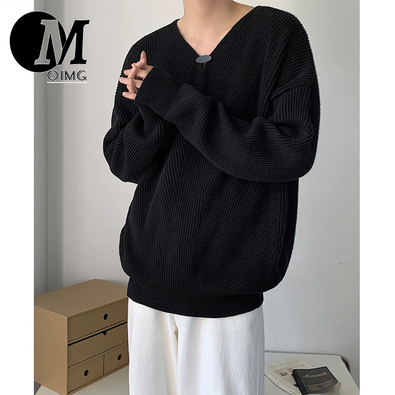 [OIMG] Lazy Solid V-Neck Knit Shirt For Men's Korean Version Of Abstinence Series Small Crowd Pullover