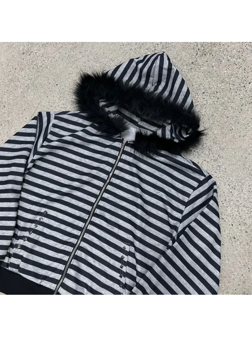 

2026 European and American ins high street dark gothic striped fur collar hoodie casual zipper jacket men's and women's fashion