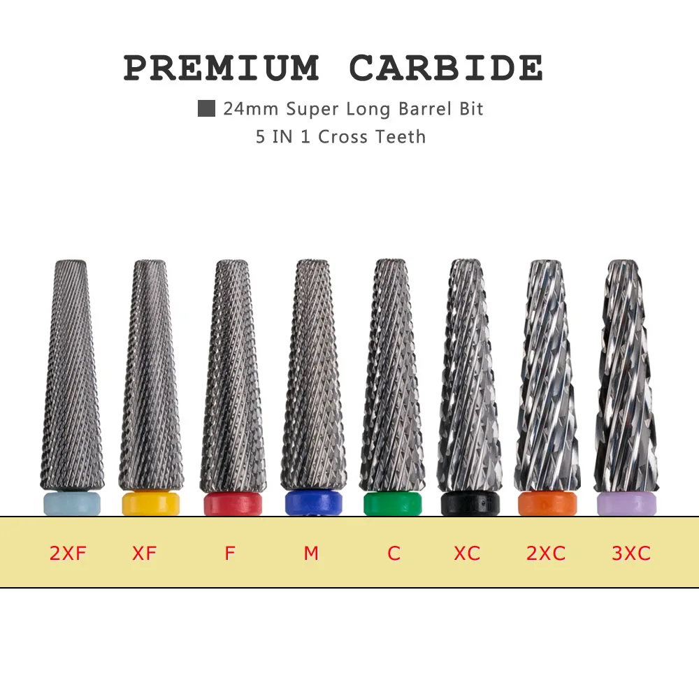 HYTOOS 24mm Super Long Nail Drill Bits Two-Way Tapered 5 in 1 Manicure Carbide Bit Barrel Electric Grinding Drills Accessories