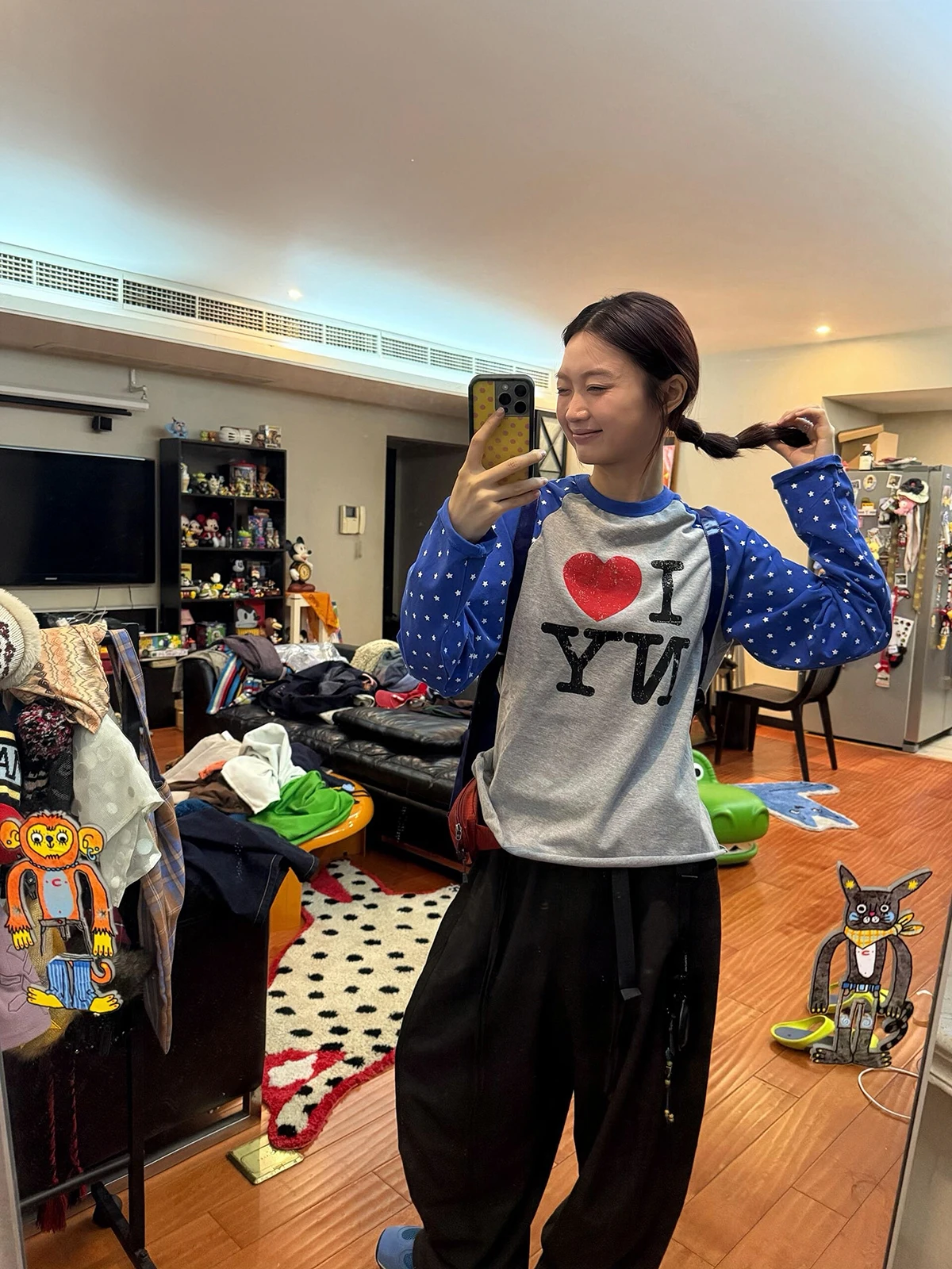 Sakura Model Star Color Block Shoulder Sleeve Printed round Neck Loose Casual Long Sleeve Top Base Shirt Vintage Style Cotton...