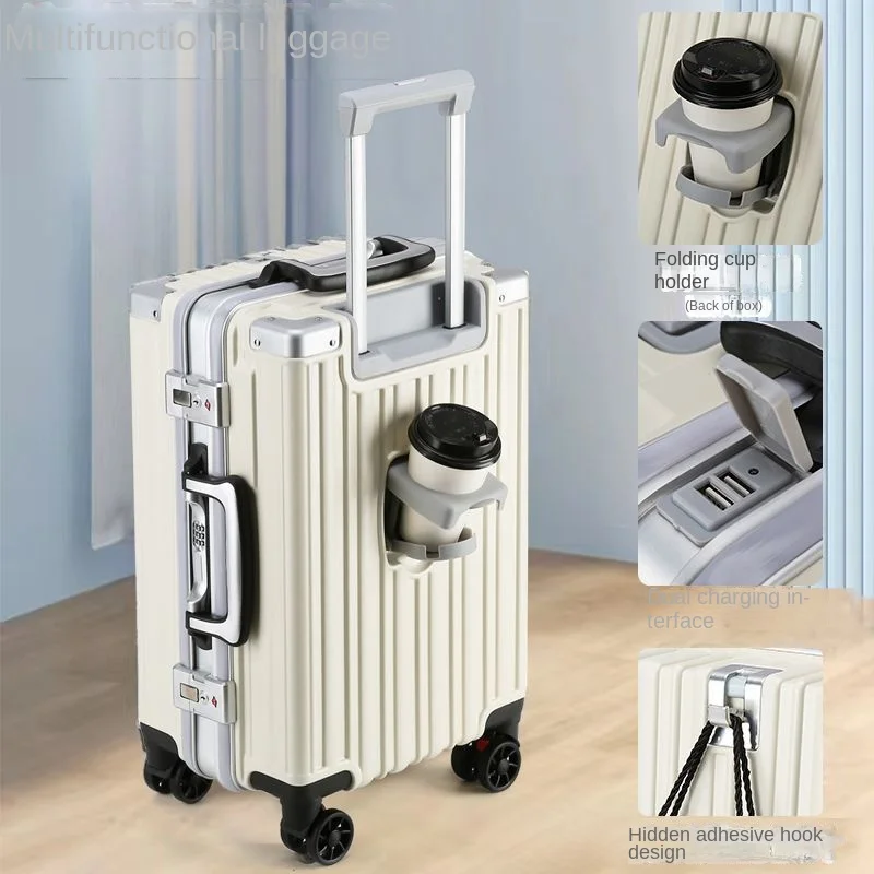 Aluminium Frame Koffer Pull Bar Bagage Met Bekerhouder Pc Koffers Op Wielen Usb Poort Instappen Trolley Case 20/28/30 Inch