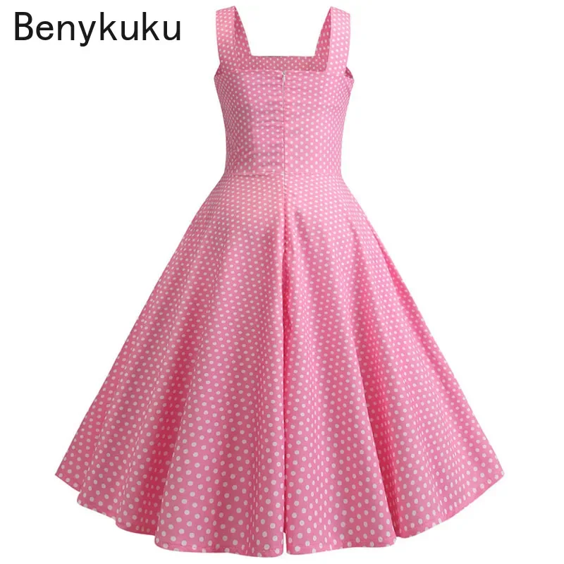 Vintage Pink Polka Dot Summer Dress Women Vestidos Robe Femme Pin Up Party Dress 50s Rockabilly Plus Size Casual Beach Dresses