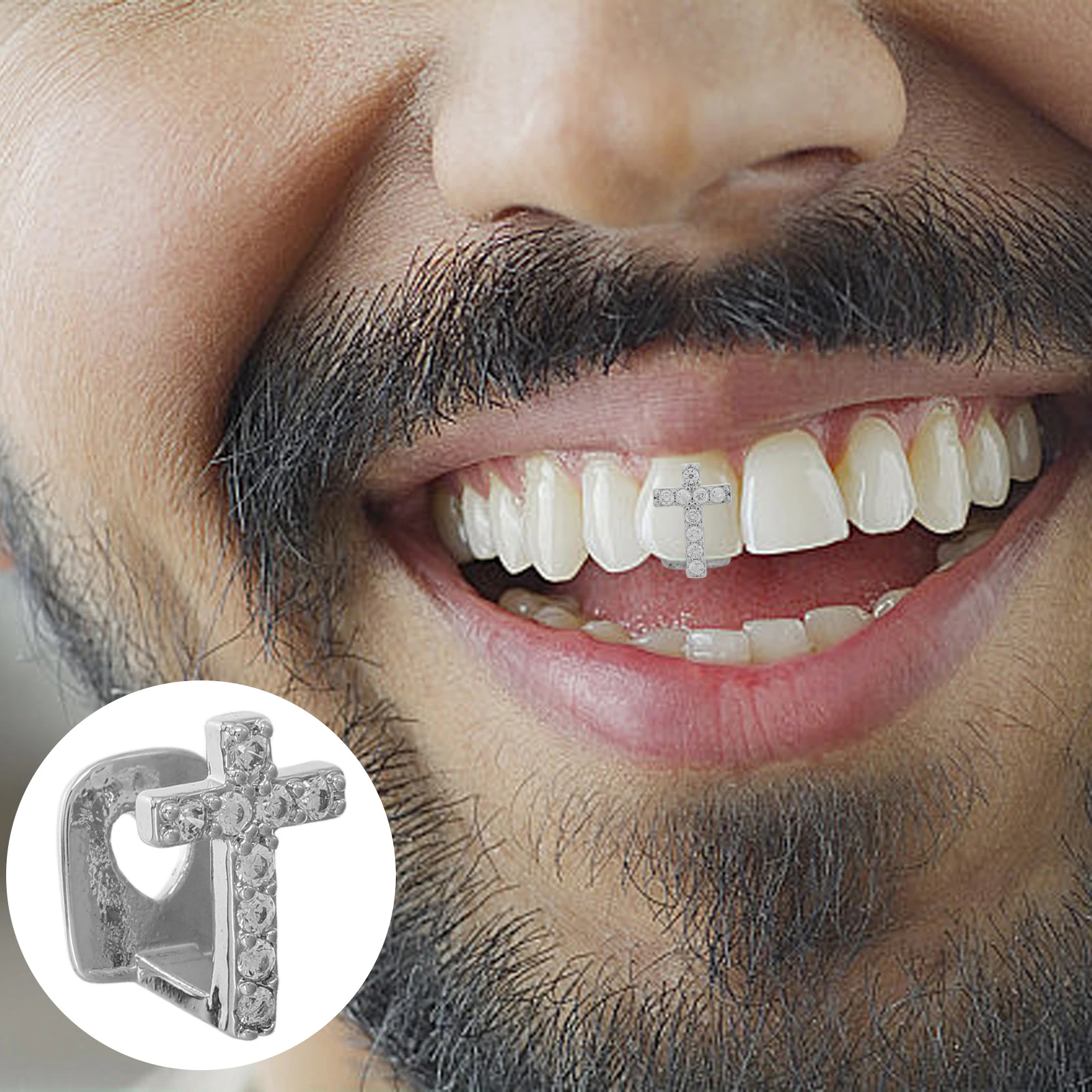

1 Set Zircon Cross Hip Hop Tooth Grill Single Fake Cap Party Festival Cosplay Prop For Men Women Grills Jewelry Decor Rapper