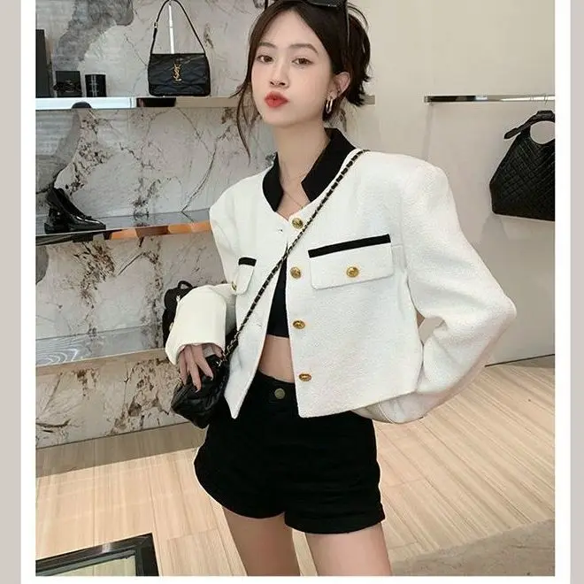 2023 New White Single Breasted Tweed Coat Casual Jacket Outwear Women Casual Blazer Coat Spring  Autumn Vintage Outerwear Top