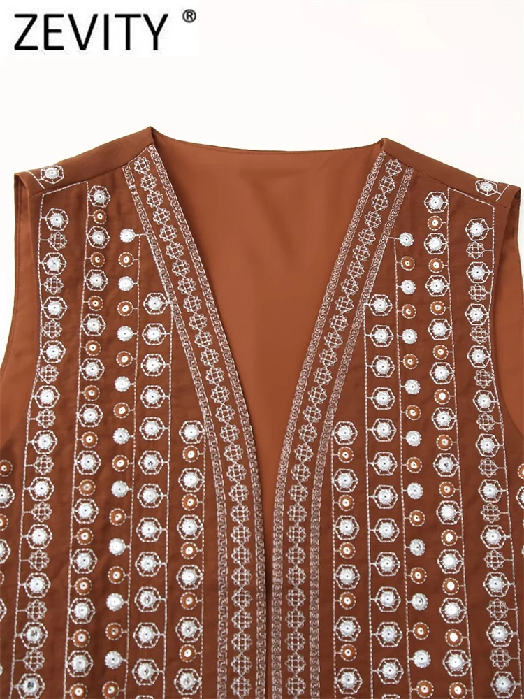 Zevity 2024 Women National Style Sequined Embroidery Open Stitch Short Vest Jacket Ladies Retro Cardigan WaistCoat Tops CT7150