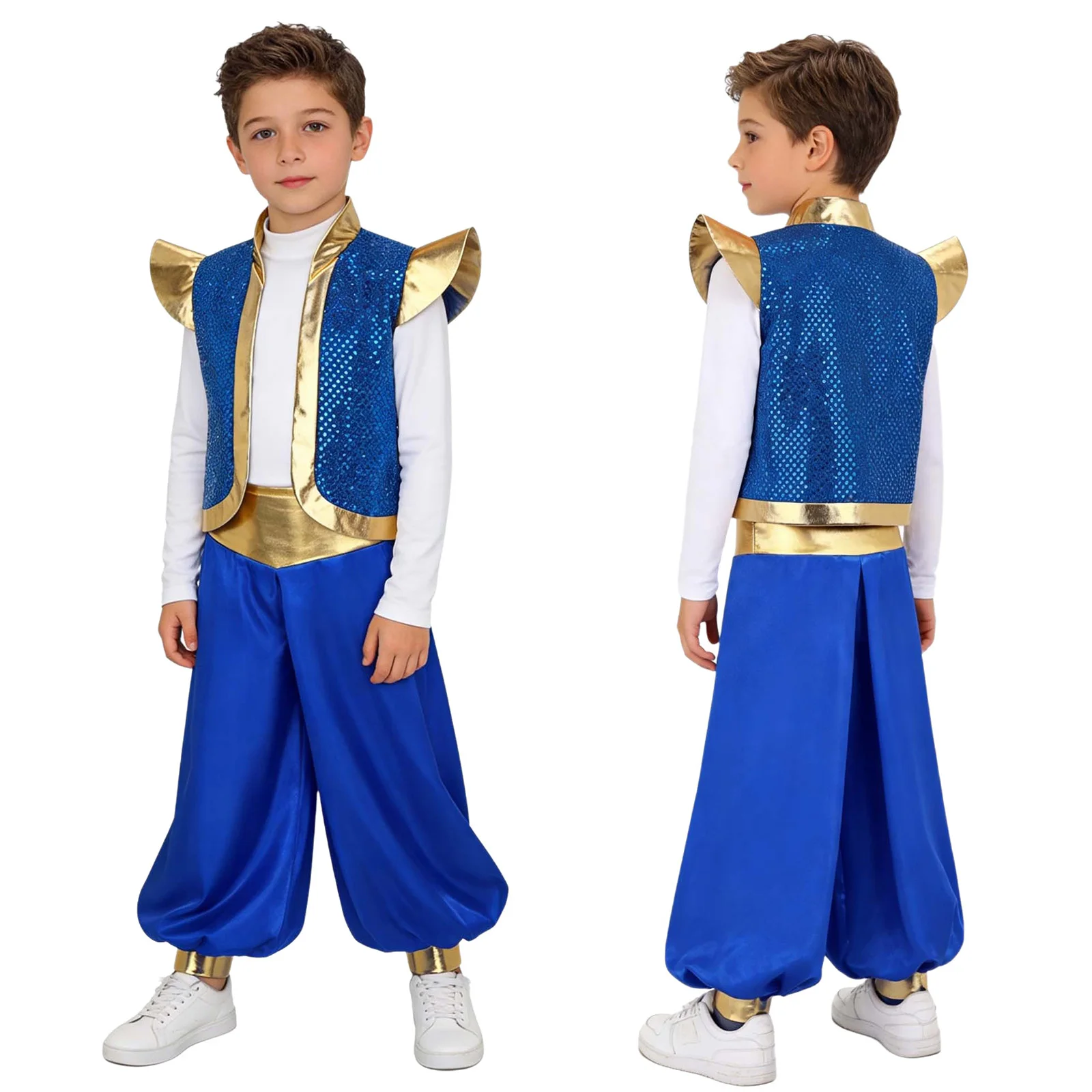 

Carnival Party Indian Arabian Prince Cosplay Costumes Metallic Arabian Vest Shoulder Pads Fairy Tale Vest with Loose Pant Set