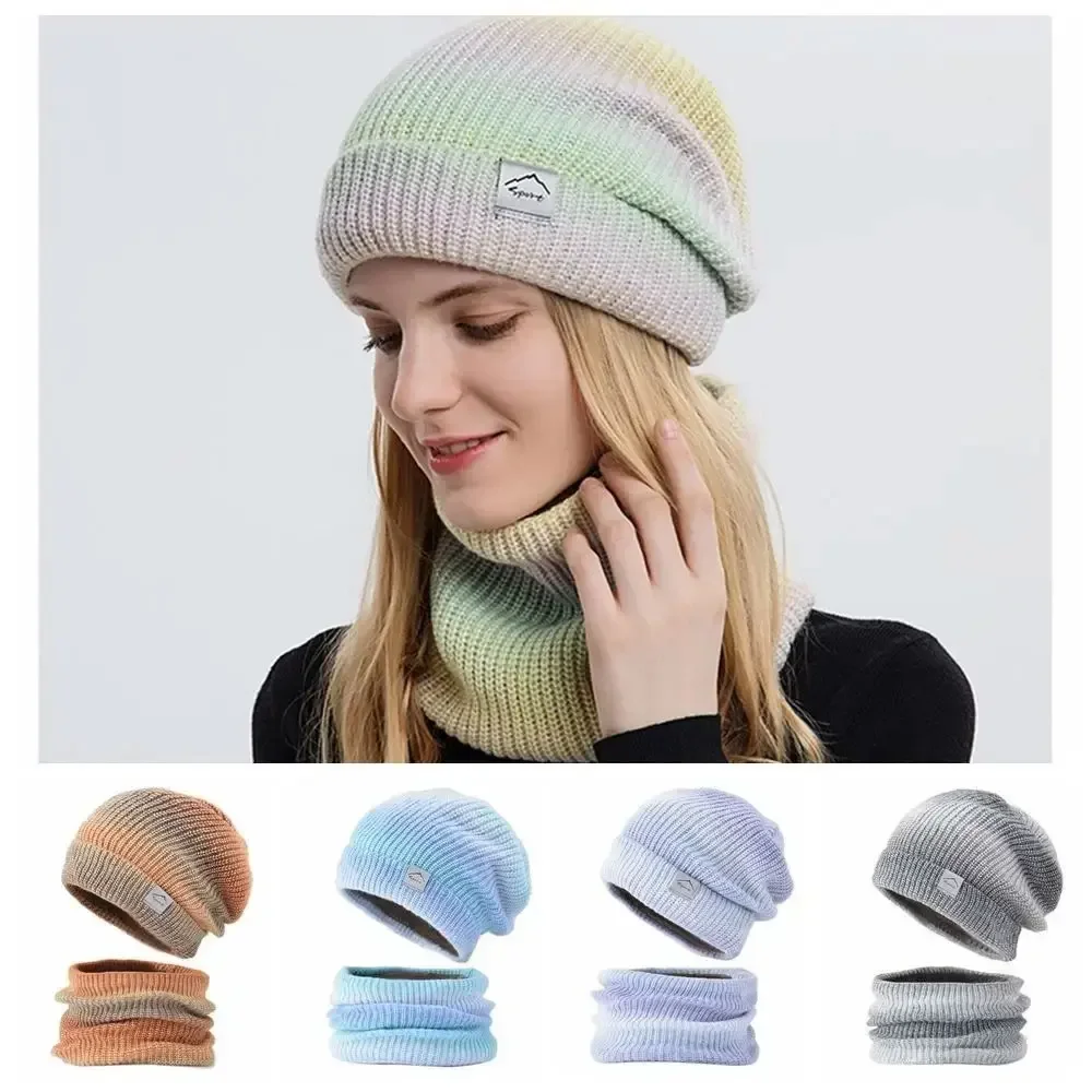 

Winter Women Beanies Snood Sets Gradient Color Knitted Hat Warmer Fashion Outdoor Windproof Thicken Tie Dye Scarf Hat For Women