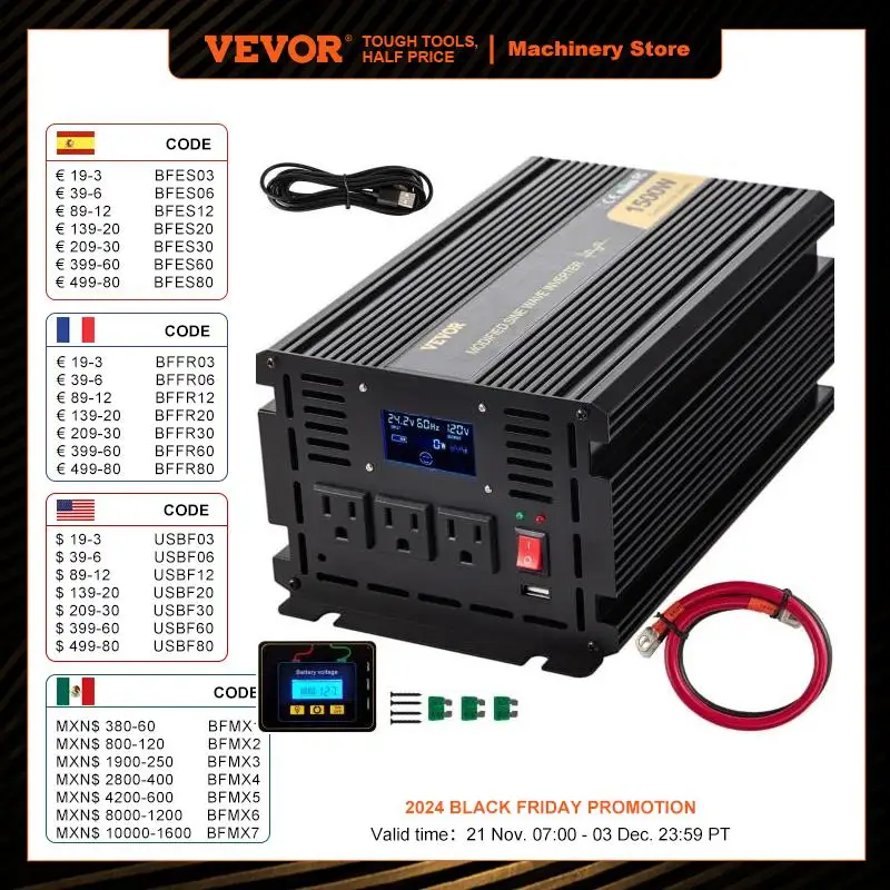 VEVOR Modified Sine Wave Power Inverter 1500W-5000W DC 12/24V to AC 110/120V with LCD Display Remote Controller for Camping Use