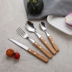 YOMDID 1PC Knife Fork Spoon Tableware Stainless Steel Cutlery For Western Food Dessert Kitchen Dinnerware cubiertos Wood Handle