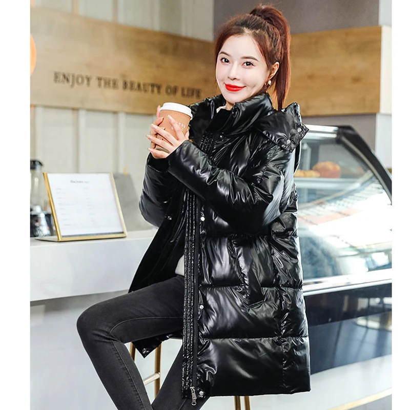 أسفل معاطف القطن للنساء 2025 جديد متوسطة طويلة مبطن سترات دافئة لامعة ملابس خارجية غير رسمية فضفاضة الشتاء يندبروف جيب سترة #4