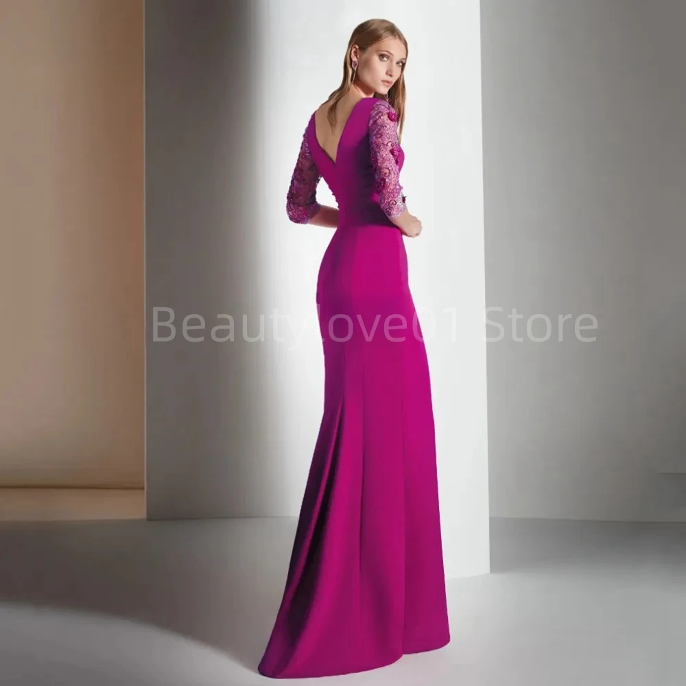 2023 Newest High Quality Exquisite Luxury Sequined Mermaid Beading Elegant Half Sleeves with Slit Fuchsia Evening Gown De Soriee