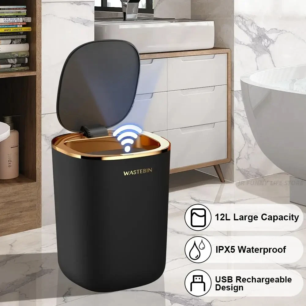 

12L Bathroom Induction Smart Sensor Trash Can Electric Smart Dustbin Luxury Garbage Automatic Trash Bin Wastebasket Smart Home