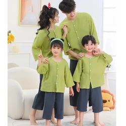 Boys Girls Summer Homewear Family Matching Set Clothes Dad Son Outfits Pajamas Mum Girl Muslin Cotton Shirt Tops+Pants 2PC