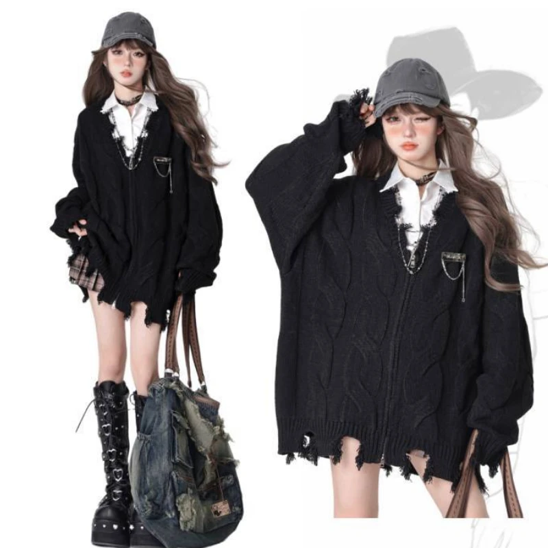 Gothic V-neck Oversized Sweater Black Zipper Cardigan Knit Harajuku Vintage Streetwear Hollow Out Tops Y2k Clothes Long Sleeve