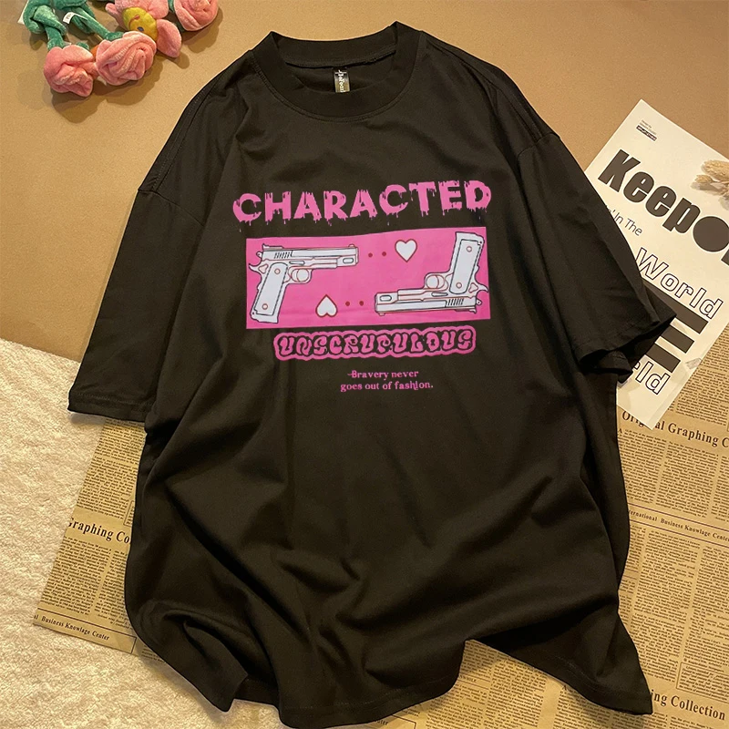 T-Shirt oversize donna Hip Hop Sweet Punk Pink Gun Print Tshirt Harajuku Shirt allentata a maniche corte T-Shirt donna vestiti