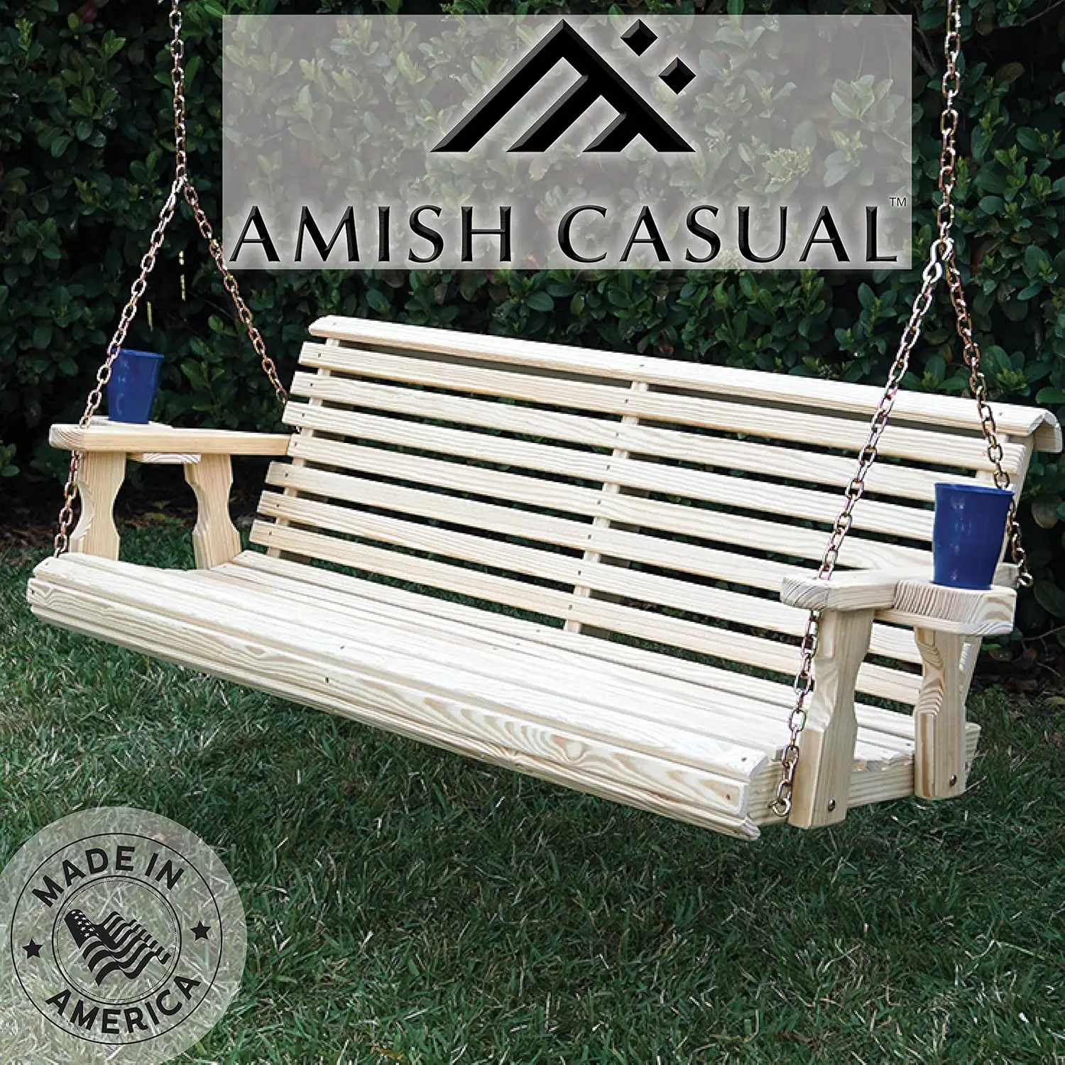 Amish Casual Heavy Duty 700 Lb Roll Back Treated Porch Swing with Hanging Chains and Cupholders (5 Foot, Unfinished)