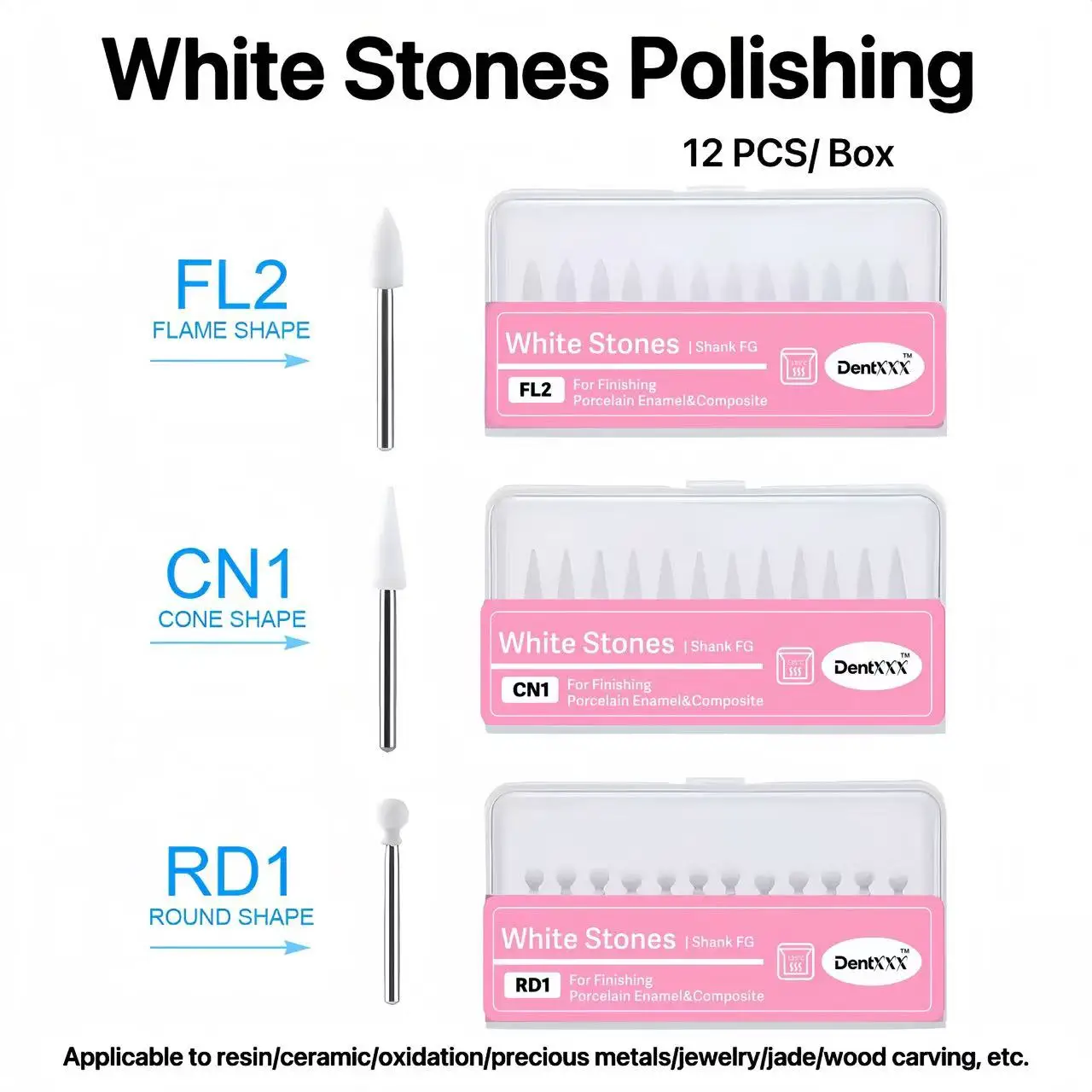 

12PCS White Stone Polishing 2.35mm Cone/Flame/Round Shape Abrasion Bur Fit For High Speed Tools 1.6mm