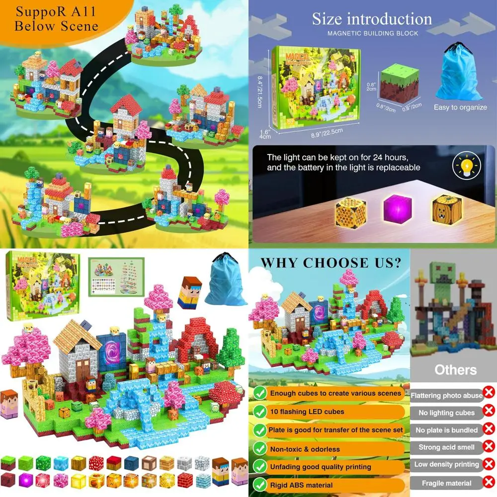 

Light-Up Magnetic Building Blocks Set for Kids 3+ - 300 Pieces with Storage Bag, Educational Gift for Ages 3-5 (Village Theme)