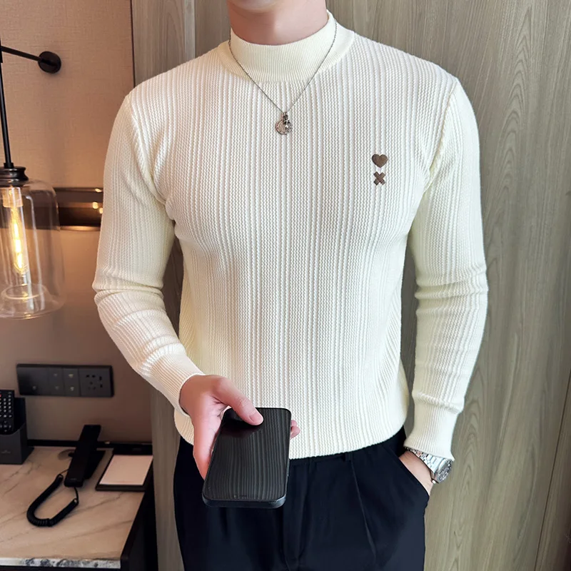 Sweater Mens Clothing Autumn Winter New British Style Striped Men's Casual Sweaters Half Turtleneck Slim Fit Knitted Pull Homme