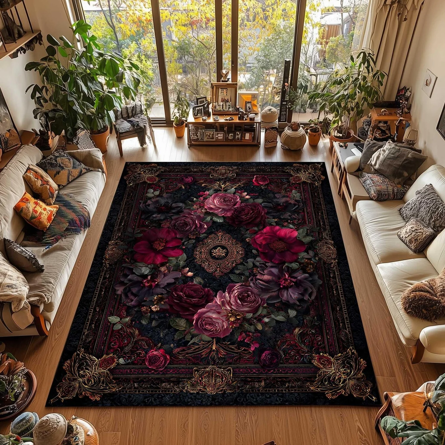 Dark Gothic Floral Carpet, Vintage Rose Plant Carpet, Victorian Style Decorative Carpet, Gothic Floral Living Room Carpet.
