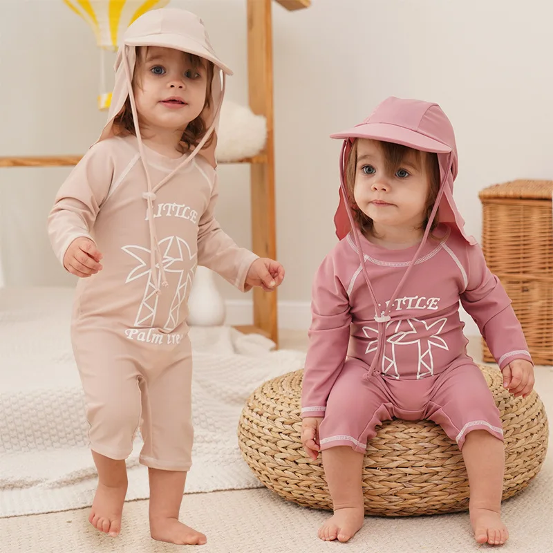 

Toddler Baby Girl Boy Swimwear One-Piece Long Sleeve Quick Dry Bathing Suit Kids 1-7Y With Sunhat Palm Print UV Sun Protection