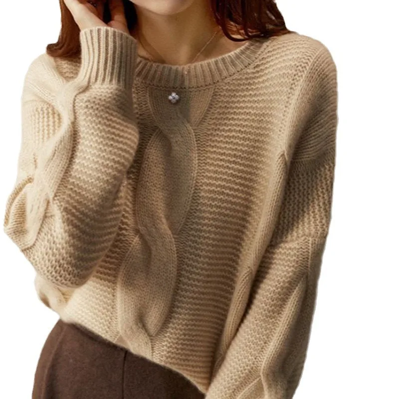 

New Round Neck Loose Fitting Fitting Fashionable Solid Color Long Sleeved Knitted Threaded Sweater for Women in Autumn Winter