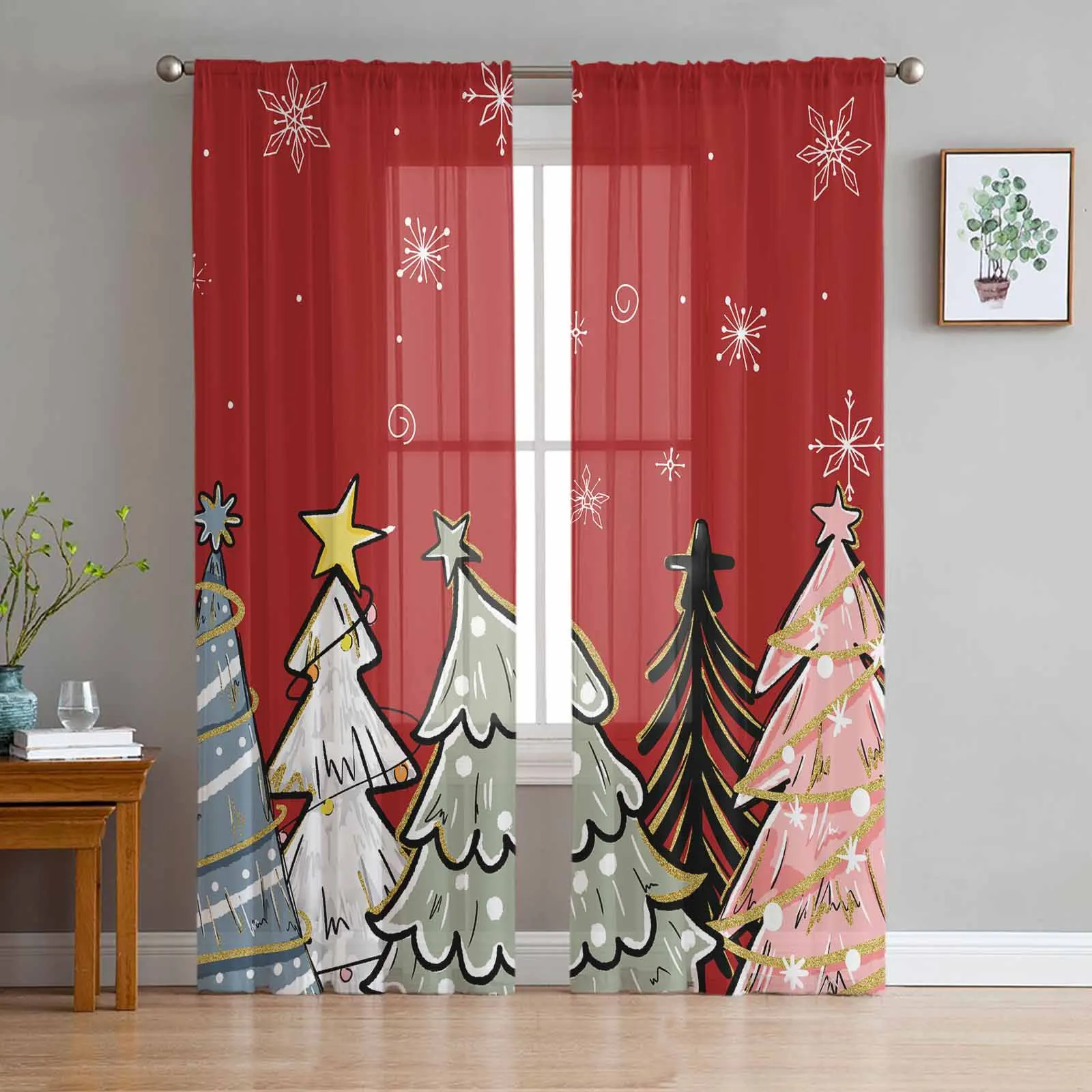 Christmas Tree Hand Drawn Chiffon Sheer Curtains for Living Room Bedroom Decor Kitchen Window Voiles Tulle Curtain