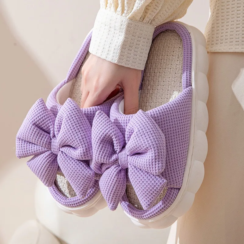 Solid color three-dimensional bow thick and sweet bottom all season home wooden floor open toe slippers