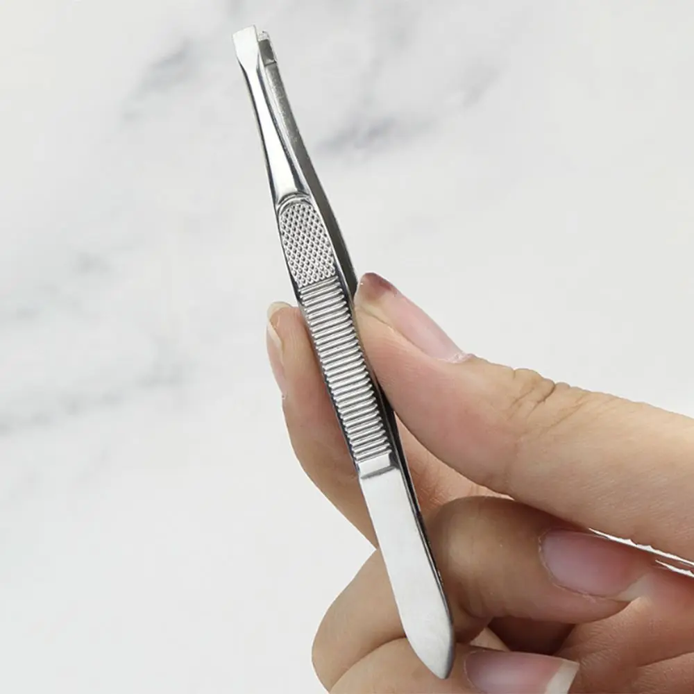 Pince à épiler en acier inoxydable pour femmes, pointe plate, pointe inclinée, recourbe-cils, maille à rayures, poignée, pinces à sourcils pour femmes