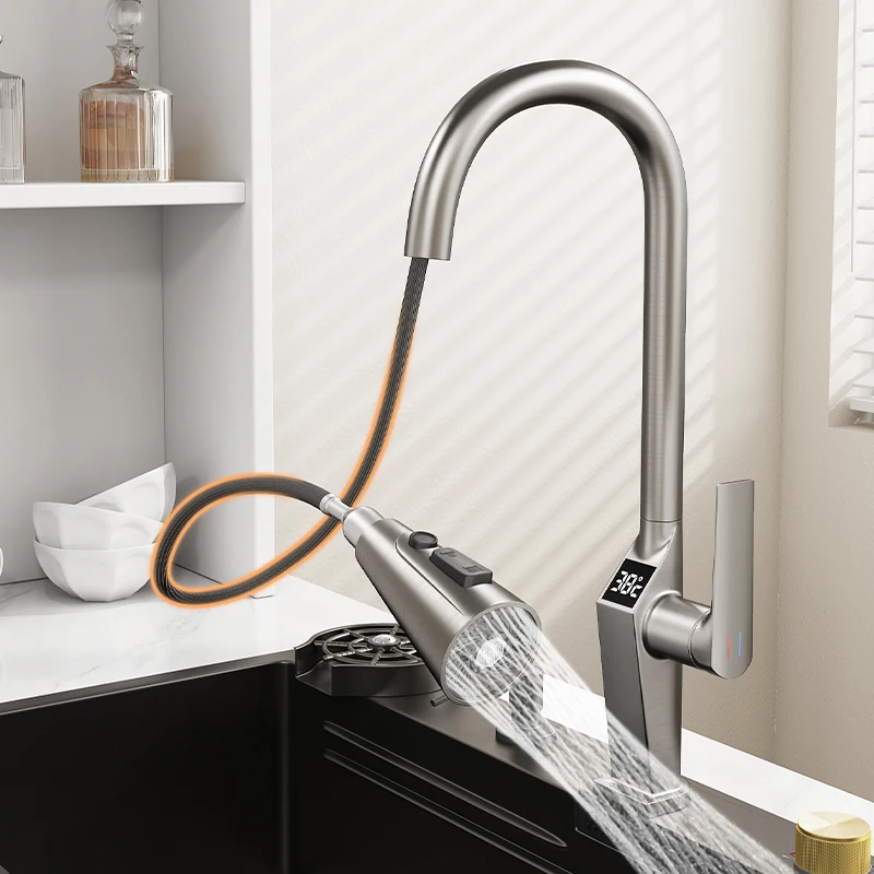 All copper vegetable washing basin sink, cold and hot kitchen digital display pull-out faucet, universal, rotatable, telescopic