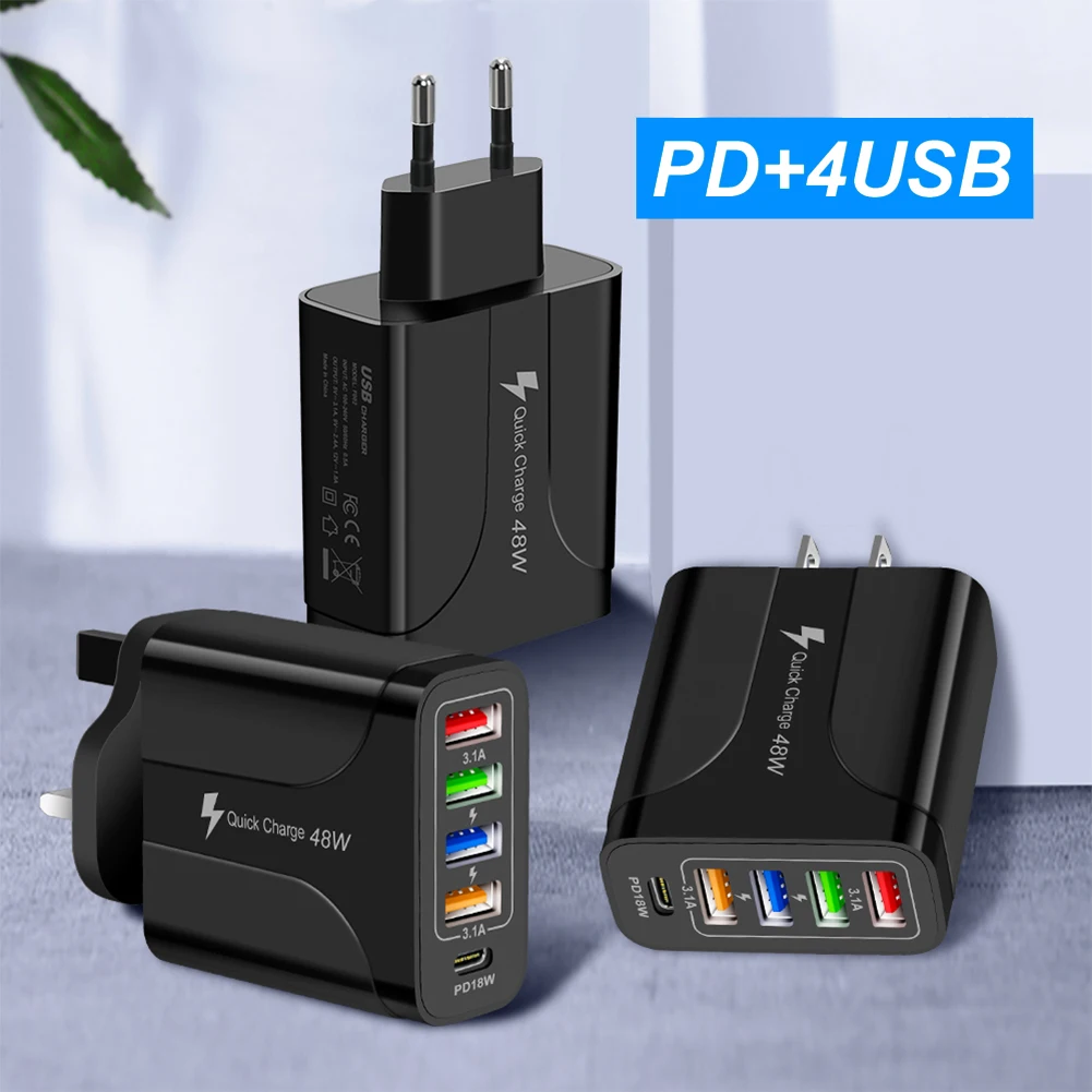 5 Ports 48W Charger QC3.0 PD 18W Quick Charger 4USB 3.1A Fast Charging Power Adapter USB Charger for iphone 12 13 Samsung Huawei