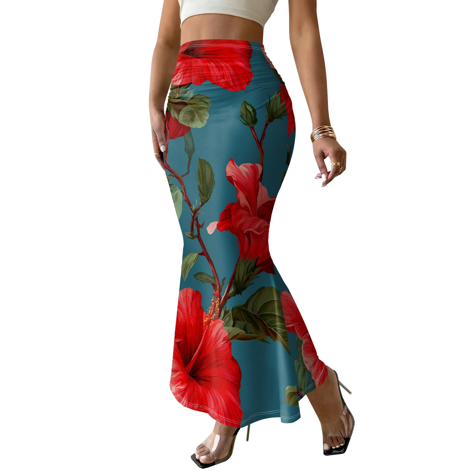 Floral Print Skirt, Red Hibiscus Pattern, Mermaid Hemline, Beach Vacation Wear, Boho Style Bottoms, S-2XL