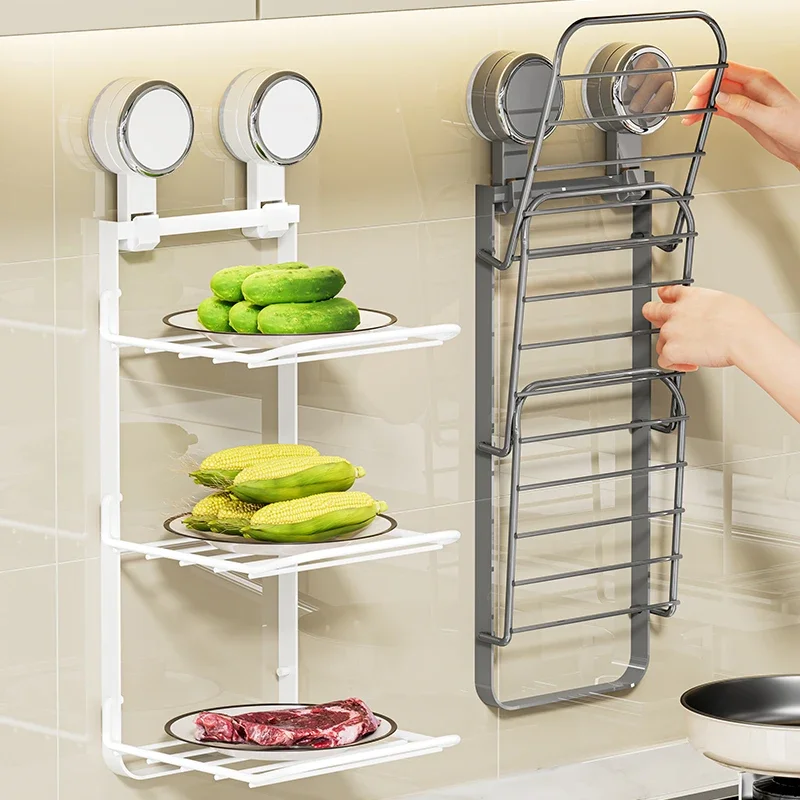 Suction Cup Prepare Food Rack Wall-mounted Perforation-free Kitchen Serving Plate Foldable Iron Standby Food Rack for Household