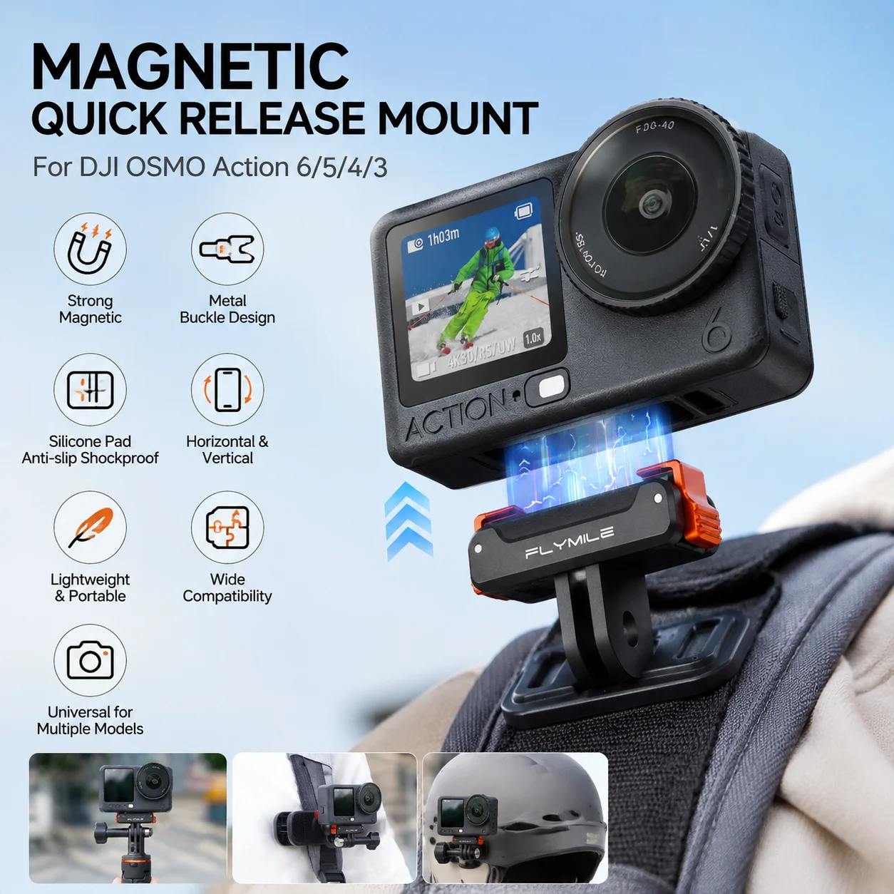 Für DJI Osmo Action 6 5 Pro 4 3 Magnetischer Zweiklauen-Adapter 1/4 Zoll Gewinde Universalanschluss Action 6 Kamera Magnet Zubehör