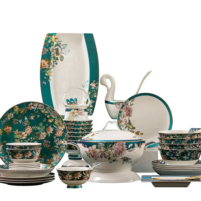 Bowls plates plates single items Chinese bone china underglazecolor plant flower printing and dyeing household high-endtableware