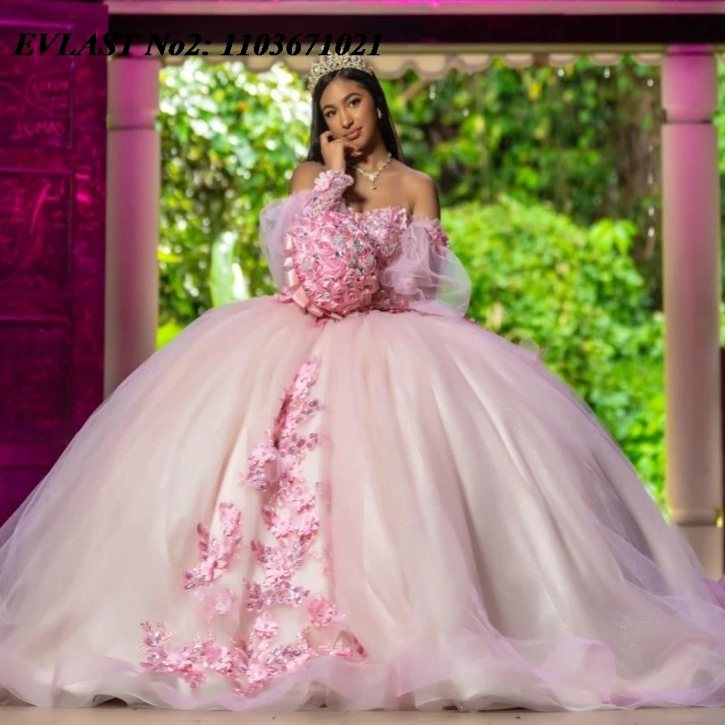 EVLAST Maßgeschneidertes glitzerndes rosa Blumen-Quinceanera-Kleid, Ballkleid, Applikation, Perlenschleife, Mexiko, Sweet 16, Vestidos 15 Anos E2QA231