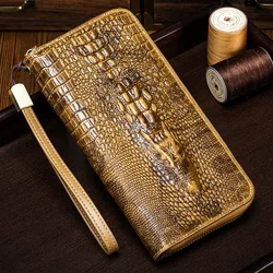 Genuine leather long crocodile patterned top layer cowhide zipper wallet, multiple card anti-theft brush wallet