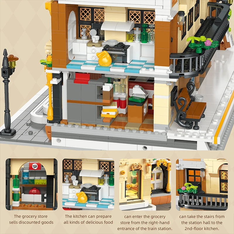 

JIESTAR 89140 NEW Creative Citys Light Building Blocks MOC Street View Europe Train Station DIY Toys Gifts Puzzle Christmas Kids