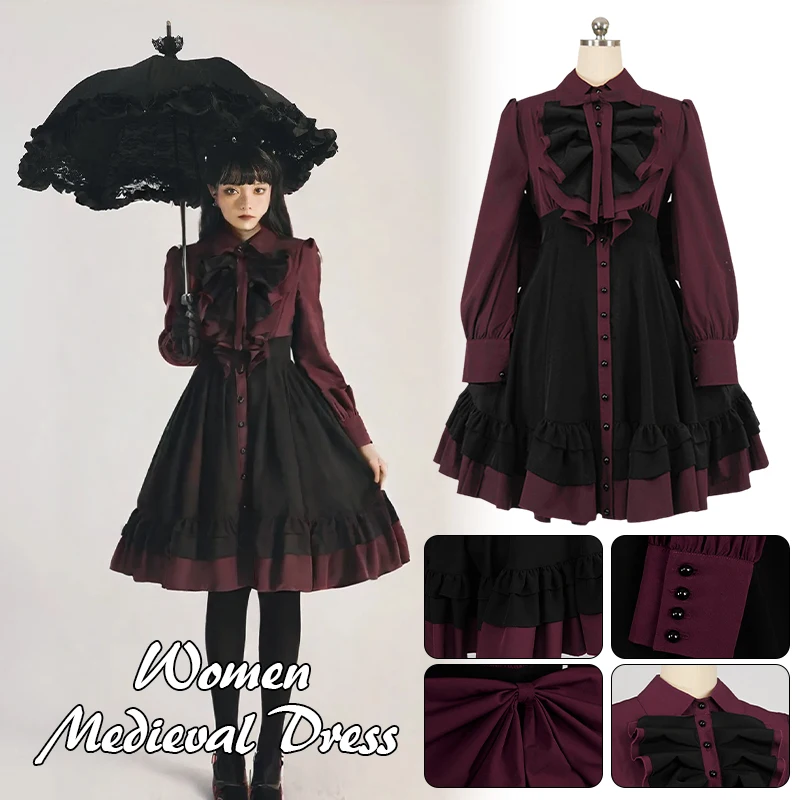 

Women Medieval Vintage Lolita Dres Gothic Long Sleeves Ruffle Dress Classic Renaissance Bow Knot Buttons Wrinkle Sweet Dress