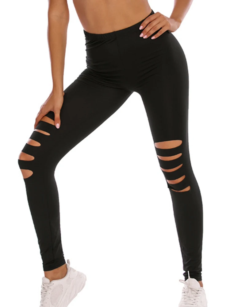 

Sexy Fitness Leggings Ripped Tights Women Hole High Waist Streetwear Leggins Sport Gym Hollow Out Yoga Pants