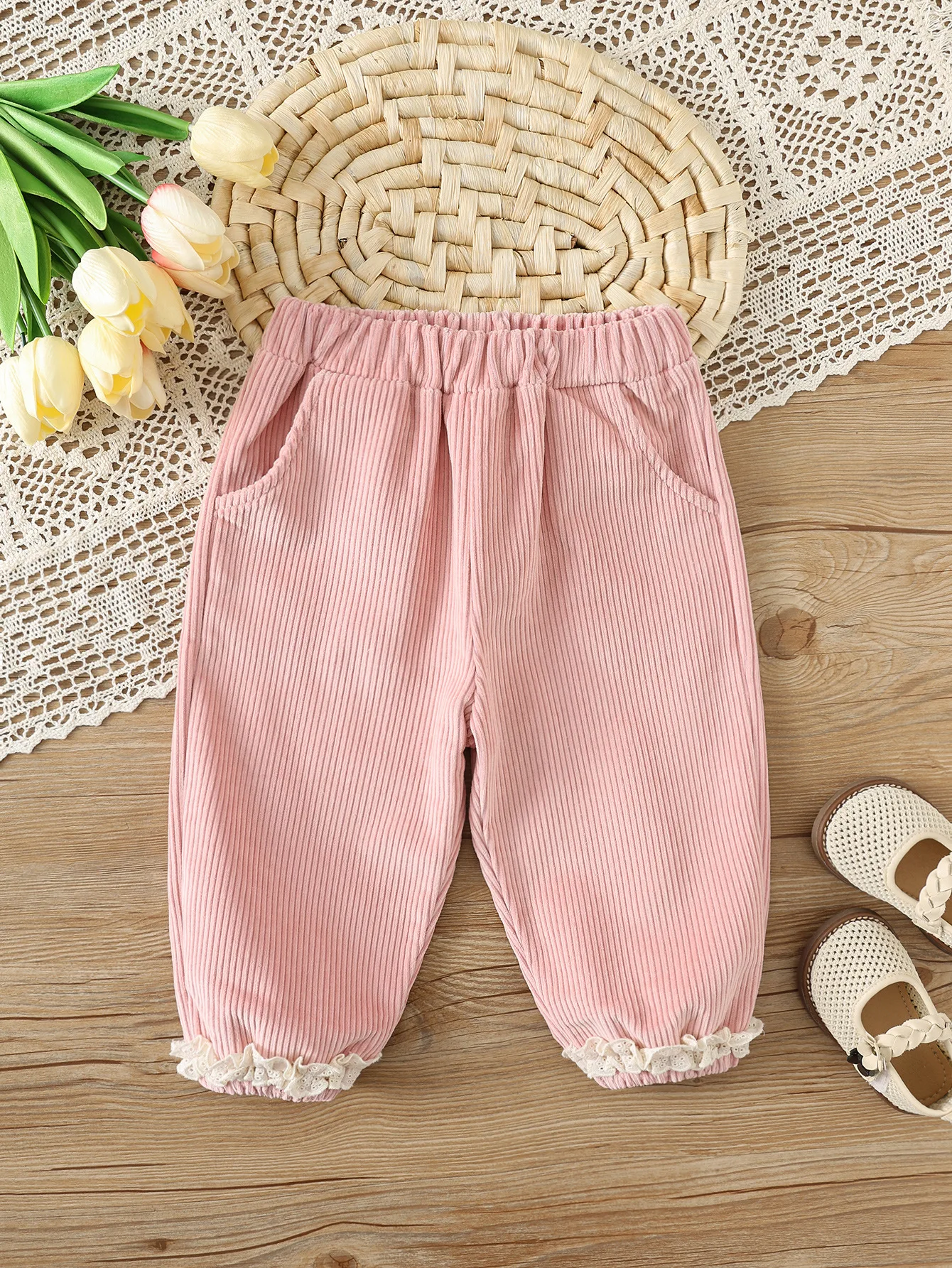 

Clothing for Girls Cotton Corduroy Pants Ruffle Trim Elastic Waist Casual Trousers with Pockets 0-5Y Kids Girls Daily Outfit