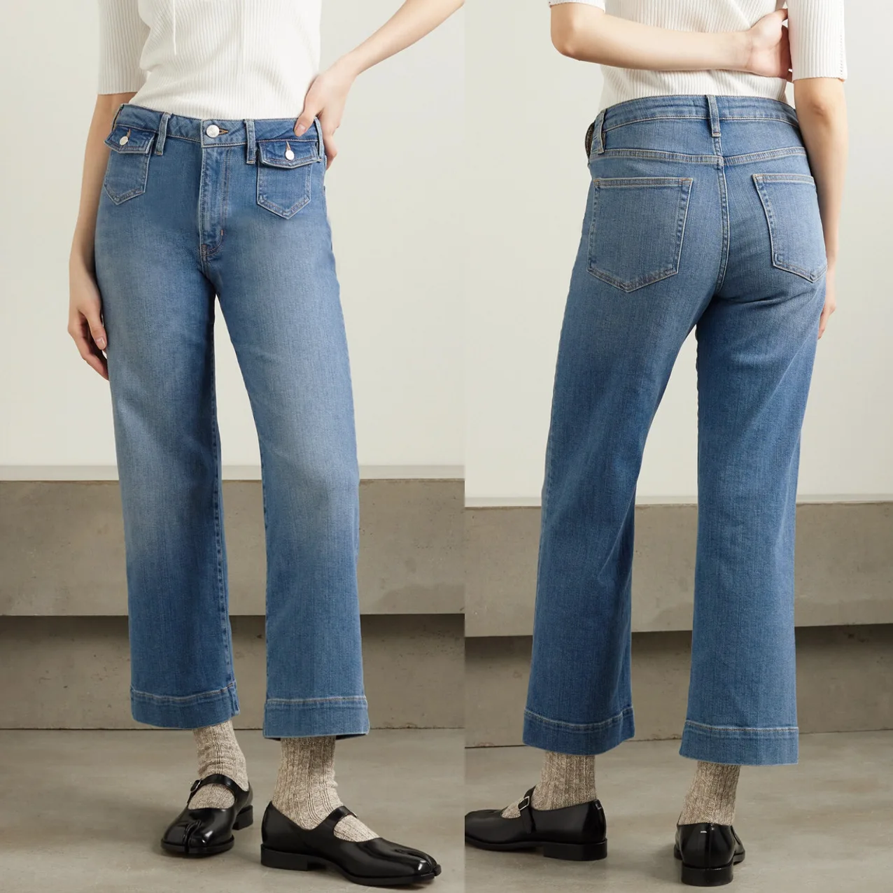 Damesmode Voorzak Jeans Met Hoge Taille, Rechte Enkellange Denim Broek