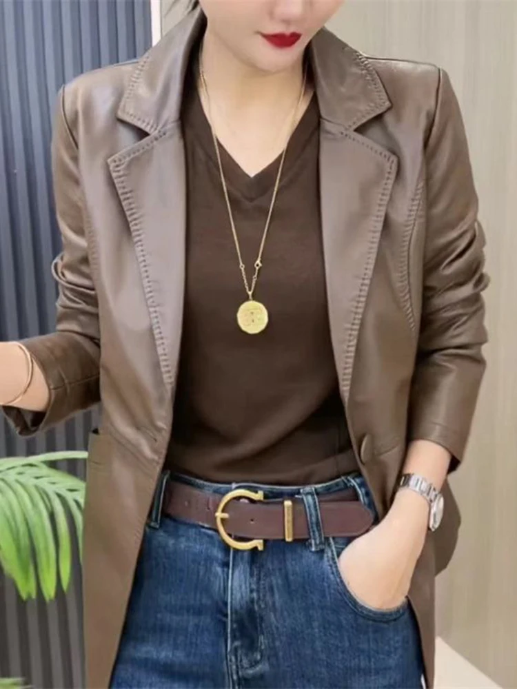 ファッショナブルな韓国風レディーススーツジャケットカジュアル多用途レザーコート秋冬デザイントレンディなロングスリーブスリムフィット