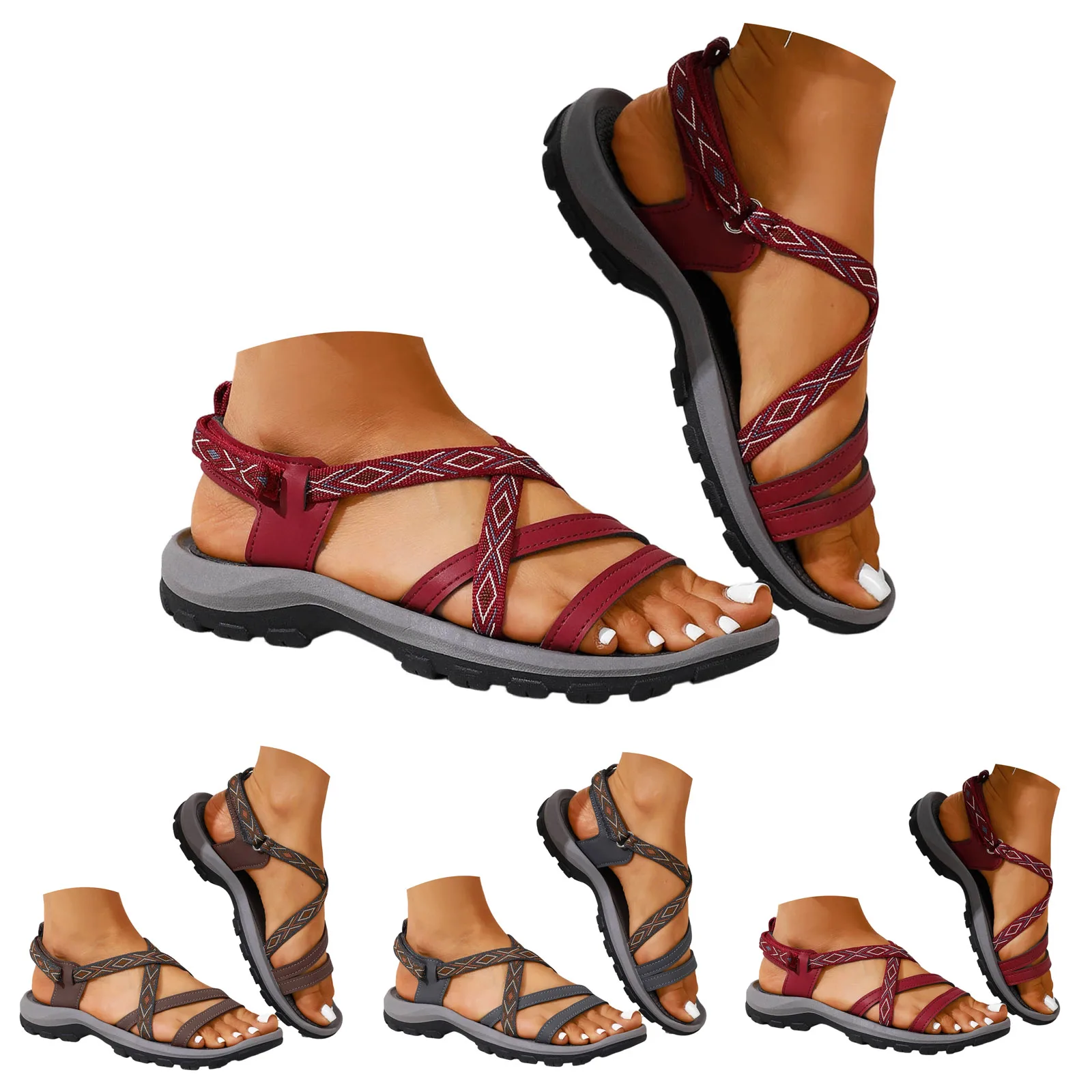 Women Outdoor Hiking Sport Sandals Adjustable Cross Webbing Strap Thick Non Slip Sole Open Toe Travel Beach Comfort Ladies Sanda