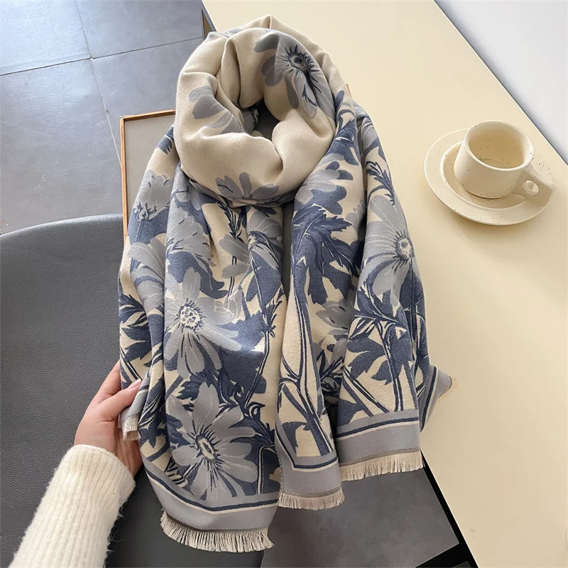 2024 Luxury Design Floral Autumn Winter Cashmere Scarves High Quality Women Thicken Wrap Shawl Ladies Wool Pashmina Scarf Female