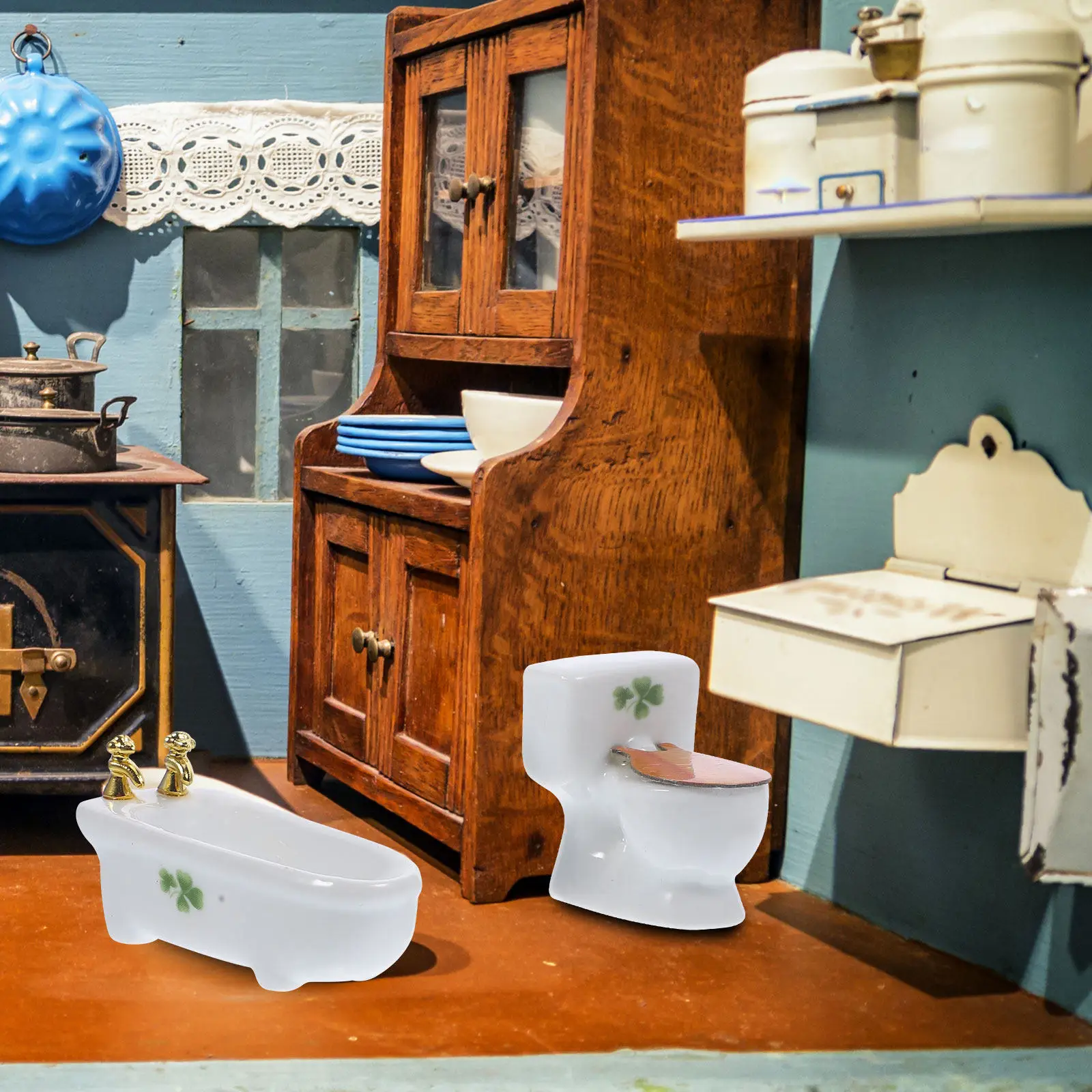 

1Set Ceramic Miniature Bathroom Furniture Fake Toilet Bathtub Mini Shower Room Accessories Decorative Ornament for Mini House