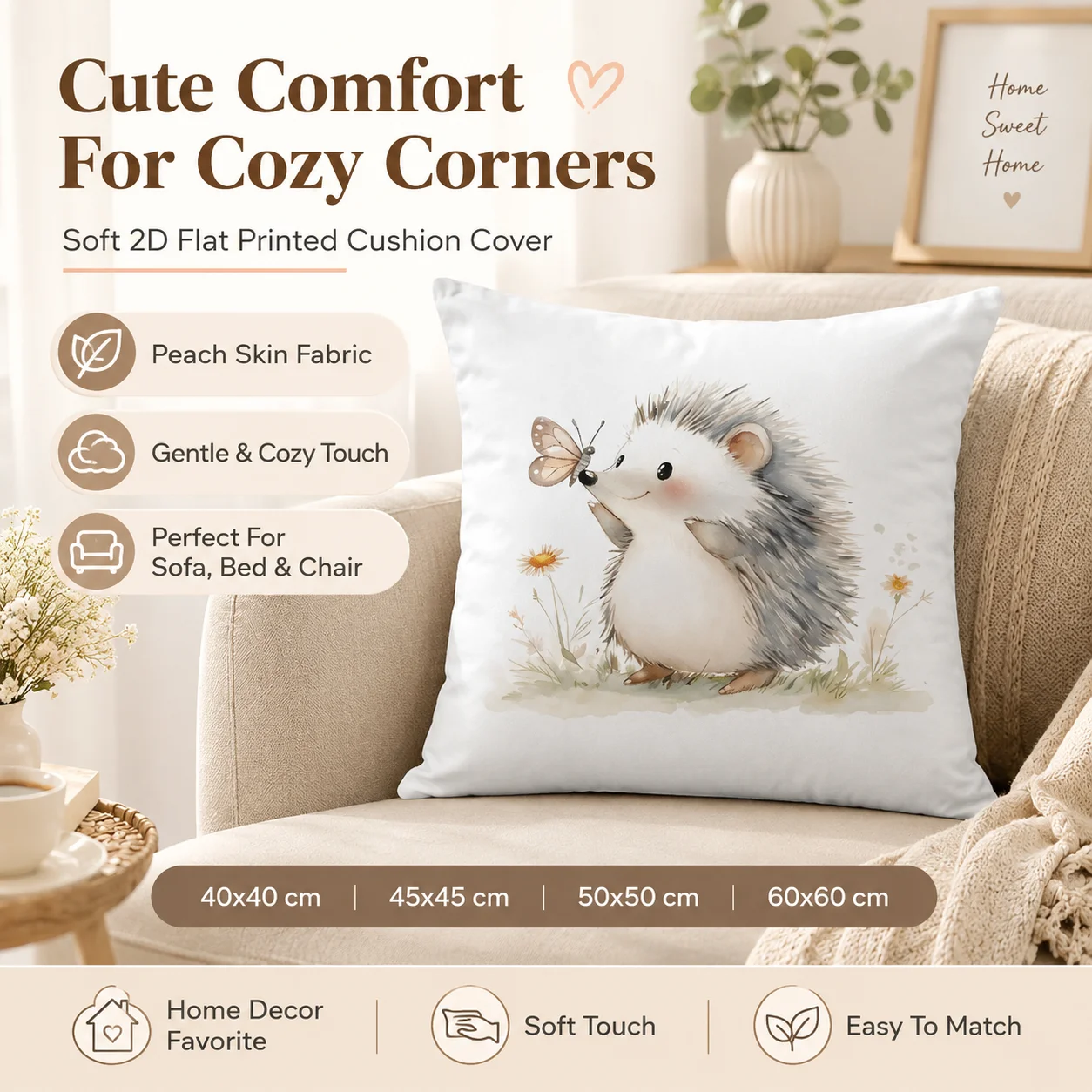 

Cute Hedgehog Butterfly Pillowcase Peach Skin 2D Flat Printed Cushion Cover Watercolor Animal Throw Pillow Case Sofa Home Decor