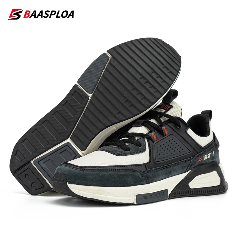 Baasploa Men Sport Shoes Comfort Leather Waterproof Casual Sneakers Lightweight Walking Shoes Non-Slip Male Non-Slip Lace-Up