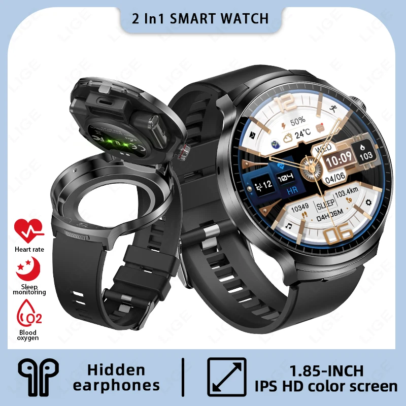 

LIGE Новые умные часы 2 в 1, для мужчин и женщин, 1,85 дюйма, очень большой HD-экран, TWS, наушники, Bluetooth-вызов, спортивные, фитнес-умные часы